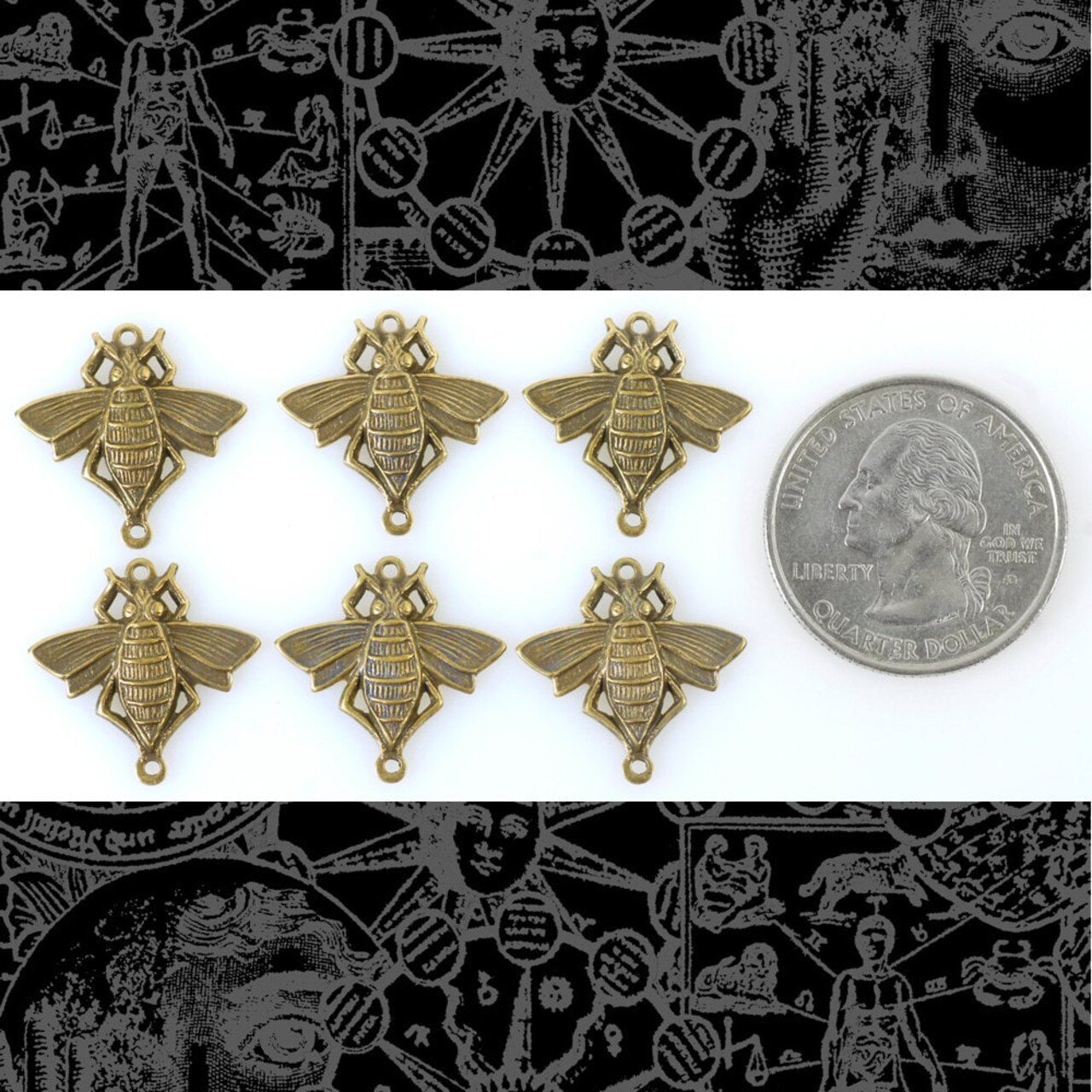 Antiqued Brass Bumble Bee Two Ring Connectors - Set of Six - AB-2C09